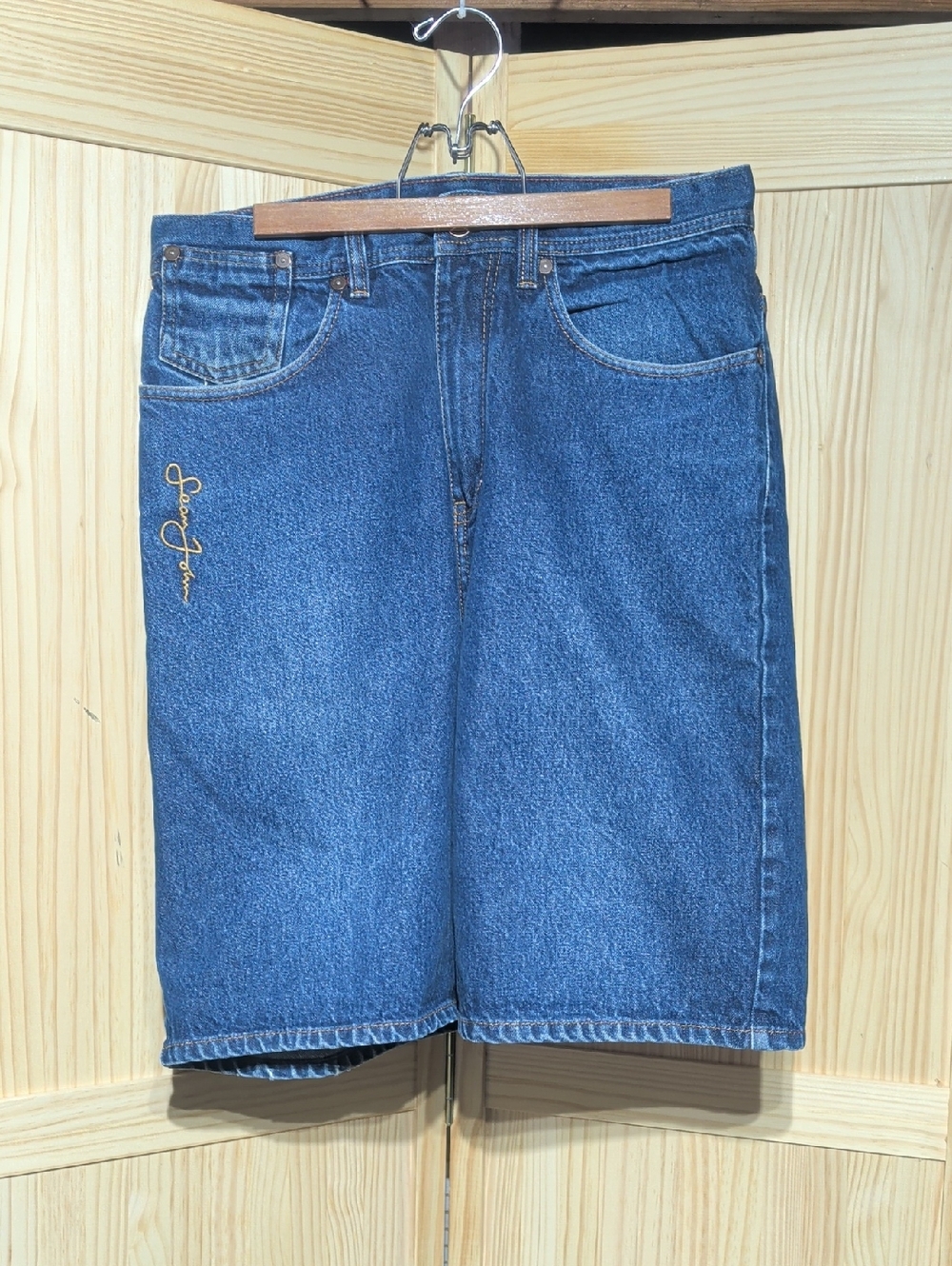Denim Midi Shorts with Side Embroidery - Blue
